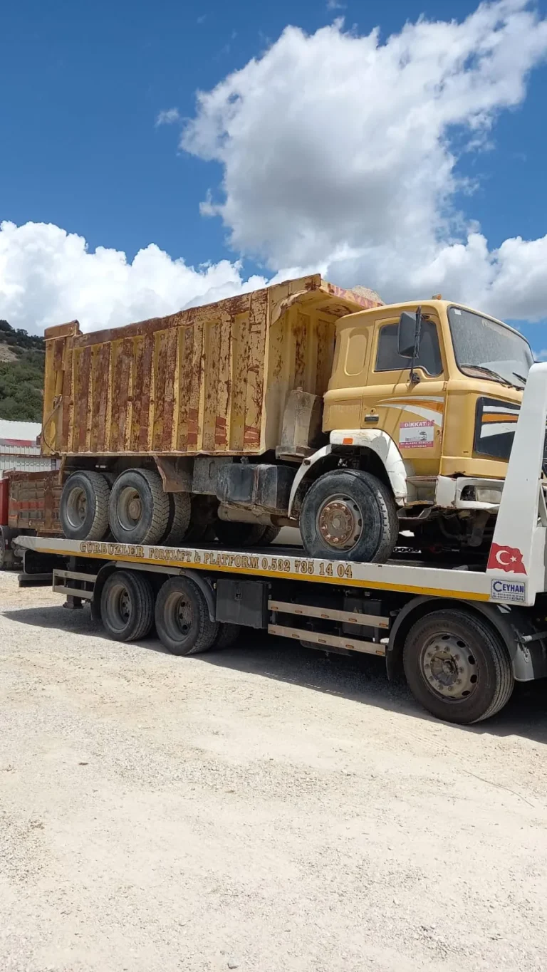 Çekici damperli kamyonu taşıyor
